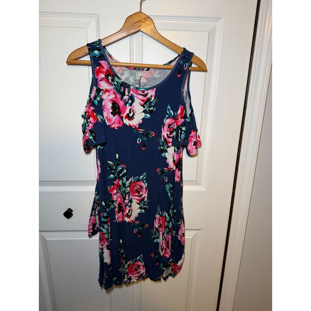 Women's Floral Cold Shoulder Swing Dress Navy Pink Size Medium Pockets